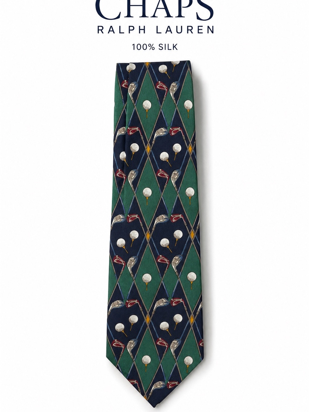 Vintage CHAPS Ralph Lauren Green and Navy Golf Club Motif Silk Neck Tie